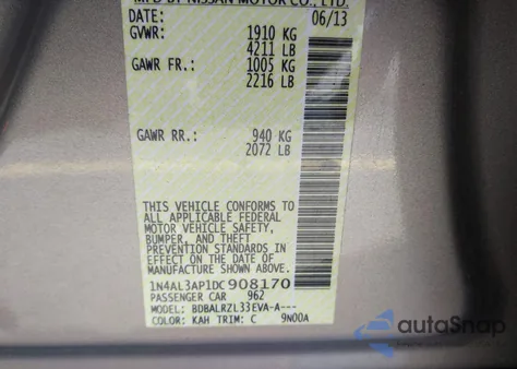 2013 Nissan Altima 2.5 S z USA, uszkodzony, nr VIN 1N4AL3AP1DC908170